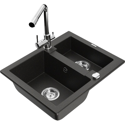 Mexen Carlos гранитна мивка 1, 5-коморна с кухненски смесител Duero, черен/златен металик - 6518-75-671600-00 (6518-75-671600-00)