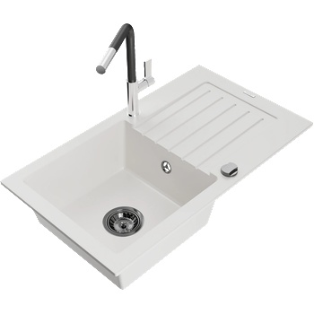 Mexen Pablo гранитна кухненска мивка с 1 корито, с отцедник и кухненски смесител Flora, бяла - 6510-20-670401-07-B (6510-20-670401-07-B)