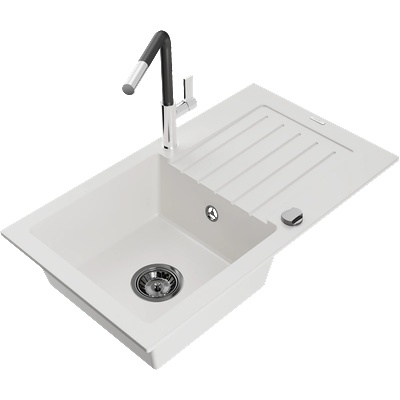 Mexen Pablo гранитна кухненска мивка с 1 корито, с отцедник и кухненски смесител Flora, бяла - 6510-20-670401-07-B (6510-20-670401-07-B)
