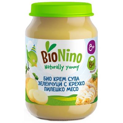 Био пюре BioNino - Крем супа със зеленчуци, сирене и пилешко месо, 8 м+, 190 g (BN2379)