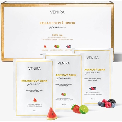 VENIRA PREMIUM kolagenový drink pro vlasy, nehty a pleť, mix 3 příchutí lesní plody, meloun, jahoda-limetka, 30 sáčků