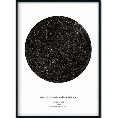 Jen tak z lásky Hvězdná mapa Vašeho životního okamžiku Rozměr plakátu: 50 × 70 cm (tištěný plakát), Barva pozadí: Bílá, Volba rámu: Černý dřevěný rám