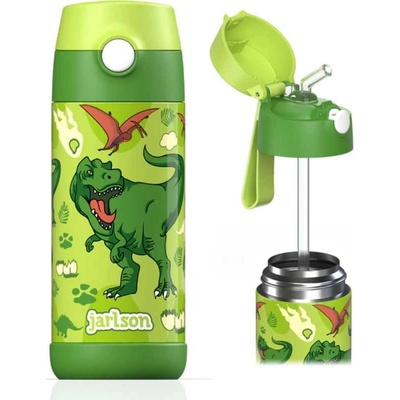 Jarlson Charli Dětská nerezová termoláhev s brčkem Dinosaurus 350 ml