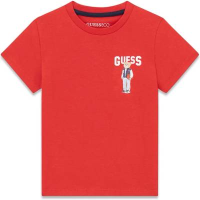 GUESS Червена тениска за мини момче с бял надпис Guess и малко мече
