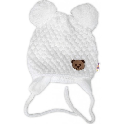 BABY NELLYS Zimná pletená čiapka Teddy Bear na zaväzovanie biela