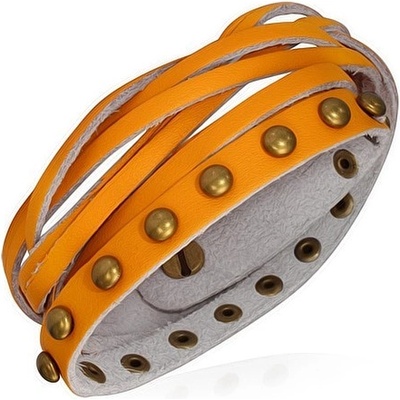 Šperky eshop kožený náramok oranžové pásiky zlaté polgule a pletenec AB22.11