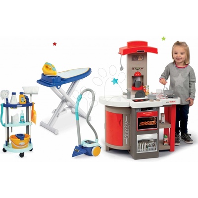 Smoby Set kuchynka skladacia elektronická Tefal Opencook červená s kávovarom a chladničkou a upratovací vozík s vysávačom a žehliacou doskou