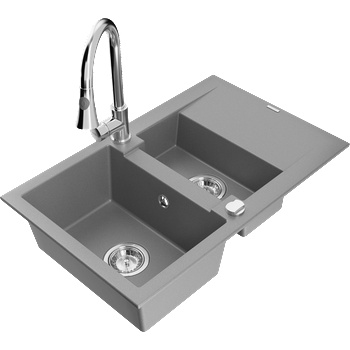 Mexen Gaspar гранитна мивка 1, 5-каморова с отцедник и кухненски смесител Elia, сива - 6507-71-670101-00 (6507-71-670101-00)