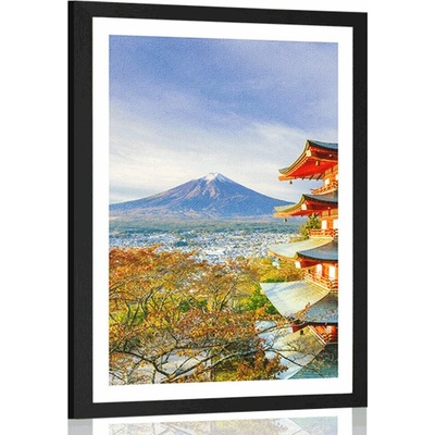 Plakát s paspartou výhled na Chureito Pagoda a horu Fuji - 30x45 black