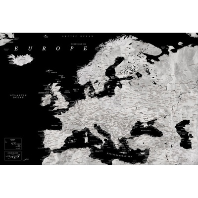Plagát, Obraz - Blursbyai - mapa Európy - detailná čierna a sivá, 120 × 80 cm