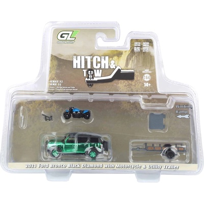GreenLight Ford 2021 zelená metalíza + motorka + přivěs 1:64
