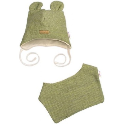 Pletená čepice s bavlněnou podšívkou a šátkem 2v1 Teddy Hand made oliva