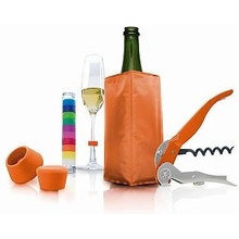 Oranžový Starter Set Wine&Sparkling - vývrtka,silikónový stoper na víno a šampanské, chladiace vrecko, identity