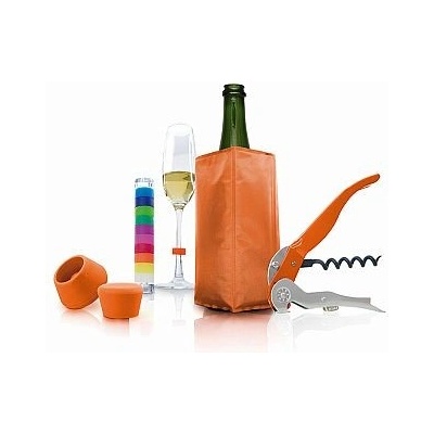 Oranžový Starter Set Wine&Sparkling - vývrtka,silikónový stoper na víno a šampanské, chladiace vrecko, identity