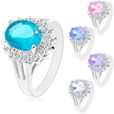 Šperky eshop prsten stříbrné velký zirkonový ovál obruba z čirých zirkonků G05.05 Světle fialová