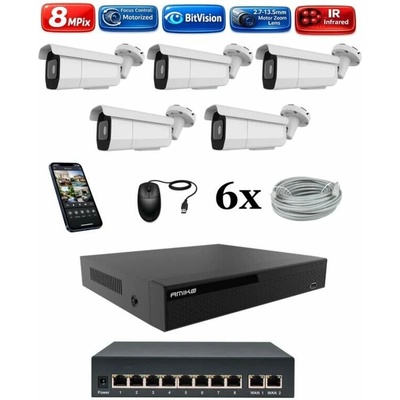Amiko IP 5 kamerový set so switchom Varifokal 4K Ultra HD 8Mpix Tube 1805K5V2