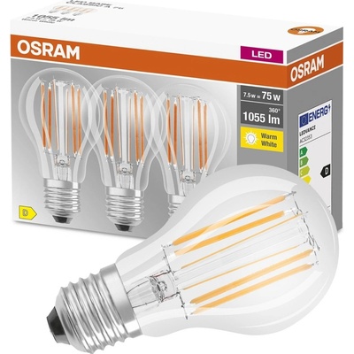 Osram 3PAK LED žiarovka E27 A60 CL 7,5W = 75W 1055lm 2700K Warm 300° Filament BASE