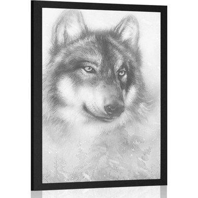 Plakát vlk v zasněžené krajině v černobílé krajině - 40x60 white