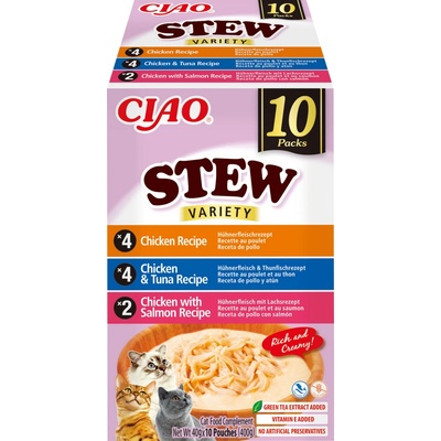 INABA Ciao Stew doplnkové krmivo pre mačky s príchuťou kuracieho mäsa, kuracieho mäsa a tuniaka, kuracieho mäsa a lososa, 10 x 40 g