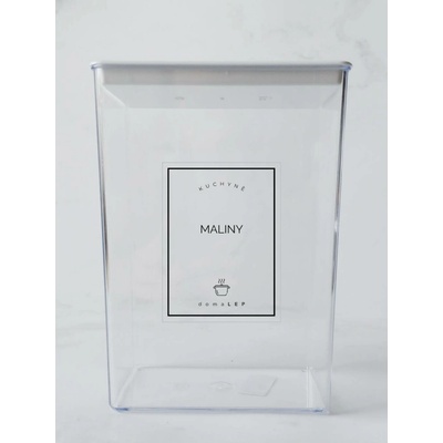 DomaLEP MALINY průhledná samolepka na dózu základní písmo 6 x 8 cm