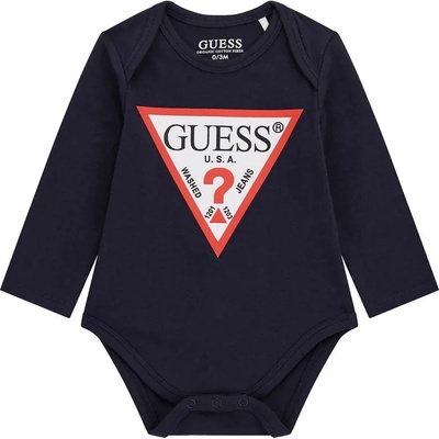 Guess Тъмно синьо боди с дълъг ръкав за новородено момче с червено лого Guess