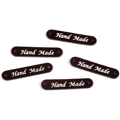 Nášivka / štítek z eko kůže Hand Made 10x48 mm - hnědá tmavá (5 ks)
