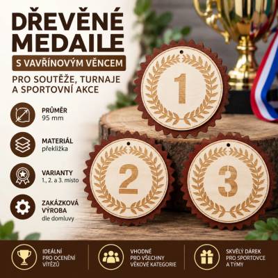 ADVIPO dekorace Dřevěná medaile s vavřínovým věncem 95 mm 1. 2. a 3. místo