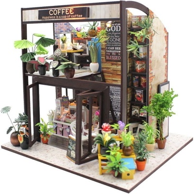 HABARRI Miniatura domečku DIY LED Model dřevěné kavárny