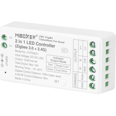 Mi-Light, Zigbee 3.0 LED přijímač 2v1 pro Jednobarevné/CCT pásky, Boxer, 12-24VDC, 12A, Mi-light, FUT035Z+