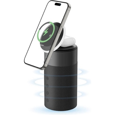 AmazingThing Безжичен спийкър с двойна поставка (пад) за безжично зареждане за iPhone с Magsafe и AirPods - AmazingThing Explorer Pro Mag 4-in-1 Charging Stand With Bluetooth Speaker (черен) (EP24001BK)