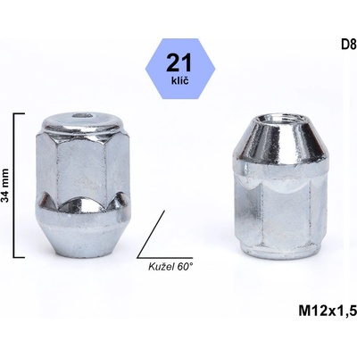 Kolová matice M12x1,5 kužel, zavřená, klíč 21, H1D4/S, D8, výška 34 mm | Zboží Auto