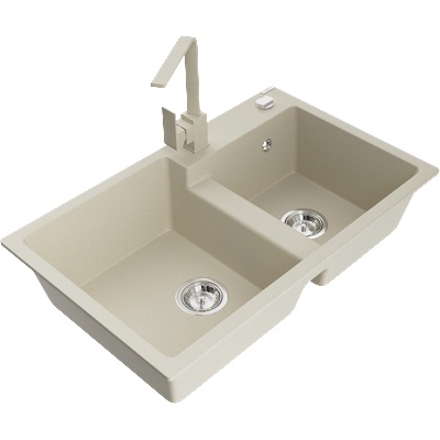 Mexen Tomas гранитна мивка с две отделения с кухненски смесител Rita, бежов - 6516-69-670300-69 (6516-69-670300-69)