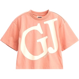 GUESS Къса тениска за момиче в розово с големи контрастни букви Guess