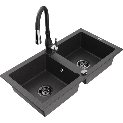 Mexen Mario двоен кухненски гранитен мивка със смесител Savita, черен на пръски - 6504-76-672601-70-B (6504-76-672601-70-B)