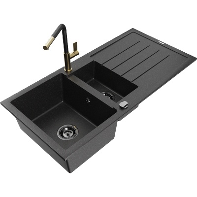 Mexen Andres гранитна мивка с 1, 5 камери с отцедник и кухненски смесител Flora, черно/сребърно - 6515-73-670401-57-B (6515-73-670401-57-B)