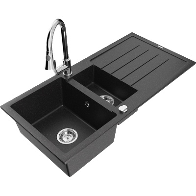 Mexen Andres Гранитна мивка с 1, 5 отделения, с дренаж и кухненски смесител Elia, (6515-73-670101-00)