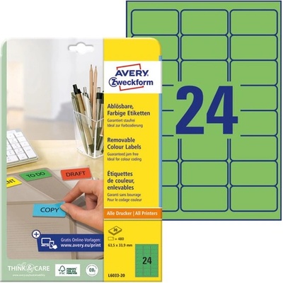 AVERY Етикет AVERY L6033-20 63, 5x33, 9mm универсален зелен 480 етикета/кутия 20 листа/кутия (L6033-20)