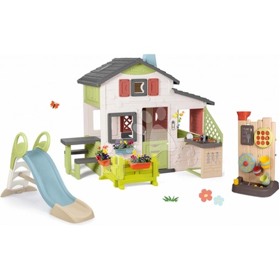 Smoby Set domeček Přátel s předzahrádkou a skluzavka 1,5 m s vodní hrou Friends House Life rozšiřitelný s kuchyňkou a hrací stěna se sportovními aktivitami