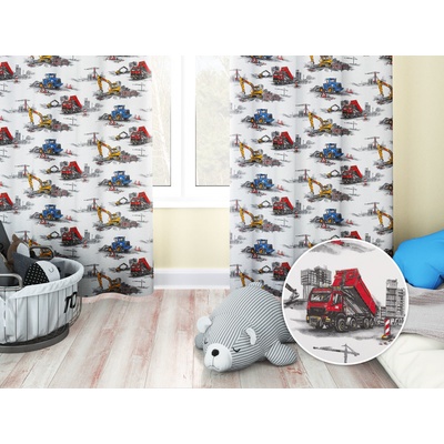 Biante Dětský bavlněný závěs Sandra SA-578 Náklaďáky a bagry na bílém 150x180 cm
