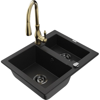 Mexen Carlos гранитна мивка 1, 5-коморна с кухненски смесител Savita, черен - 6518-77-672601-50-B (6518-77-672601-50-B)