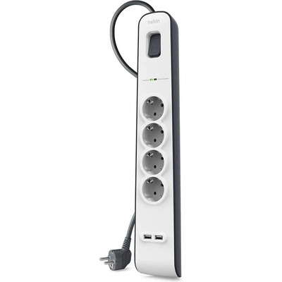 Belkin SurgePlus 4 AC Outlets And Two USB-A Ports Surge Protection Strip - разклонител с вградена защита с 4хAC изхода и 2хUSB-A порта (бял)