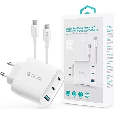 DEVIA EXTREME мрежово зарядно устройство USB+2 Type-C гнездо 65W, PD бързо зарядно устройство + Type-C кабел, БЯЛО (ST111967)