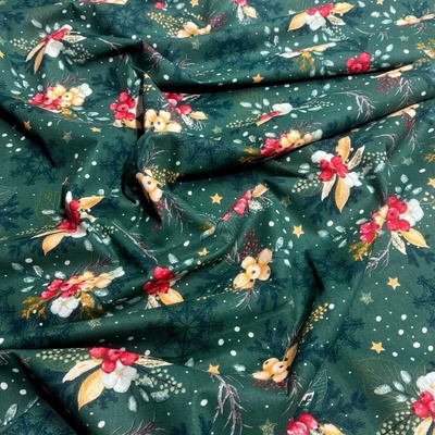 Vánoční bavlněná látka, metráž, šíře 160 cm, Vánoční vzor na Zeleném