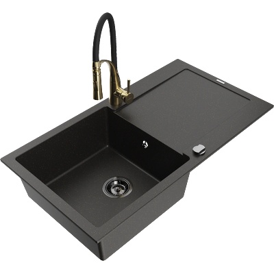 Mexen Leo гранитна кухненска мивка 1-коритна с отцедник и кухненски смесител Aster, черен/златен металик - 6501-75-73450-57-B (6501-75-73450-57-B)