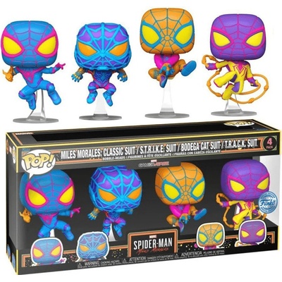 Funko Pop! 4 Pack Marvel Spider Man Miles Morales Miles Morales Classic Suit S.T.R.I.K.E. Suit Bodega Suit T.R.A.C.K. Suit BLKLT Special Edition