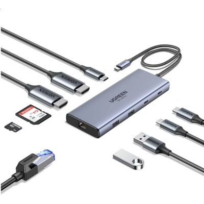 UGREEN Мултифункционален хъб за свързване на допълнителна периферия за устройства с USB-C - Ugreen 9-in-1 Multifunctional USB-C Hub (тъмносив) (45380)