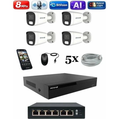 Amiko IP 4 kamerový set so switchom 4K Ultra HD 8Mpix Ai Dl Tube 1801K4V2