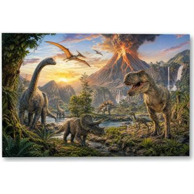 Plakát – Dinosauři v krajině se sopkou Bez rámu Ano Bez rámu 135 × 90 cm