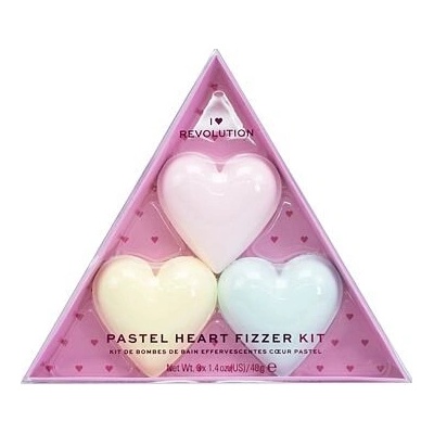 I Heart Revolution Heart Pastel Bath Fizzer Kit odstín strawberry : koupelová bomba ve tvaru srdce 40 g + koupelová bomba ve tvaru srdce 40 g Passion Fruit + koupelová bomba ve tvaru srdce 40 g Lemon