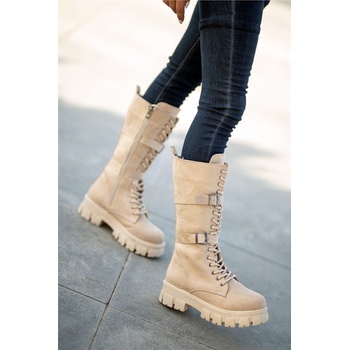 Base Дамски велурени ботуши с цип и връзки - Бежови #362377 (362377_Бежов)